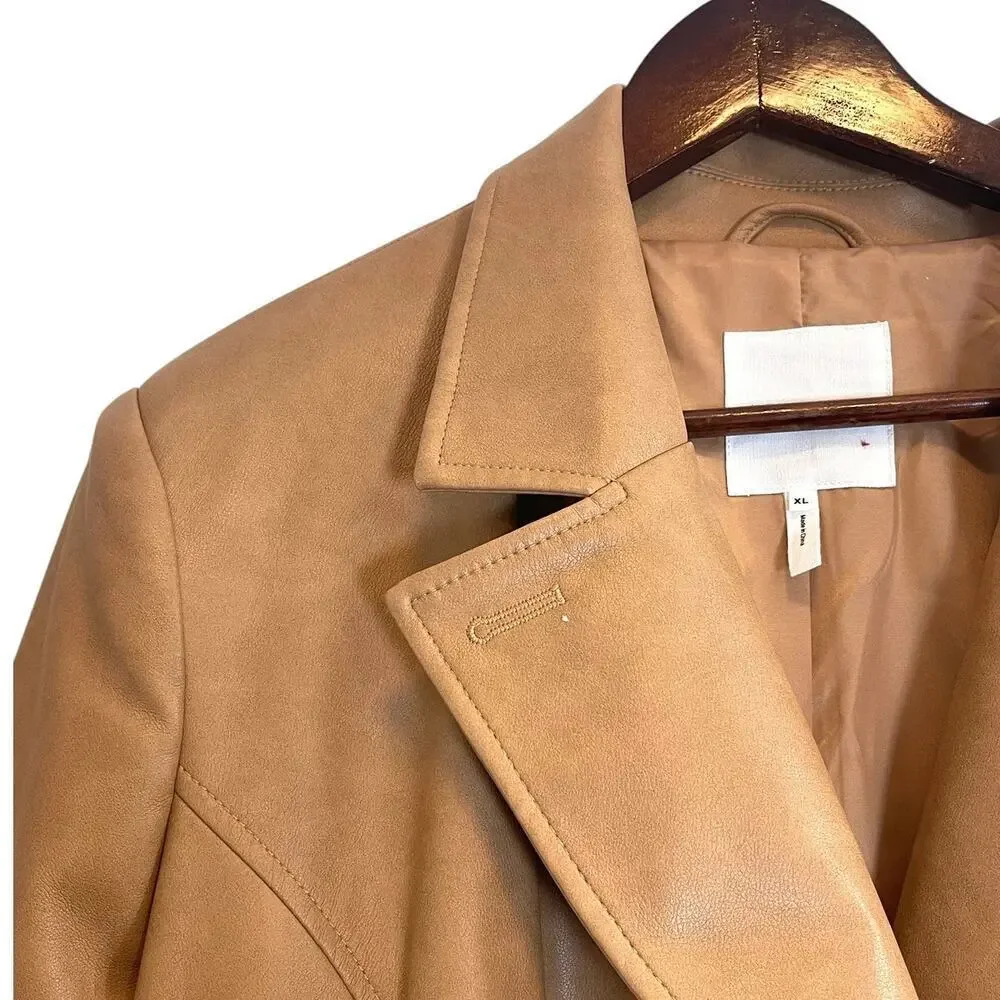 Avec Les Filles Camel Faux Leather Long Trench Coat Women’s XL Double Breasted